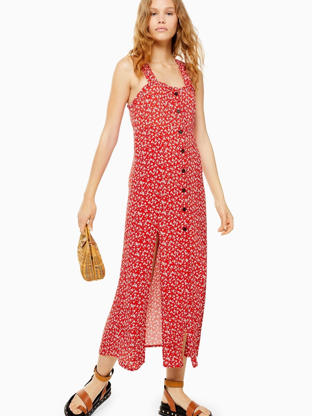 Red Floral Dress European Summer Cottagecore Effortless